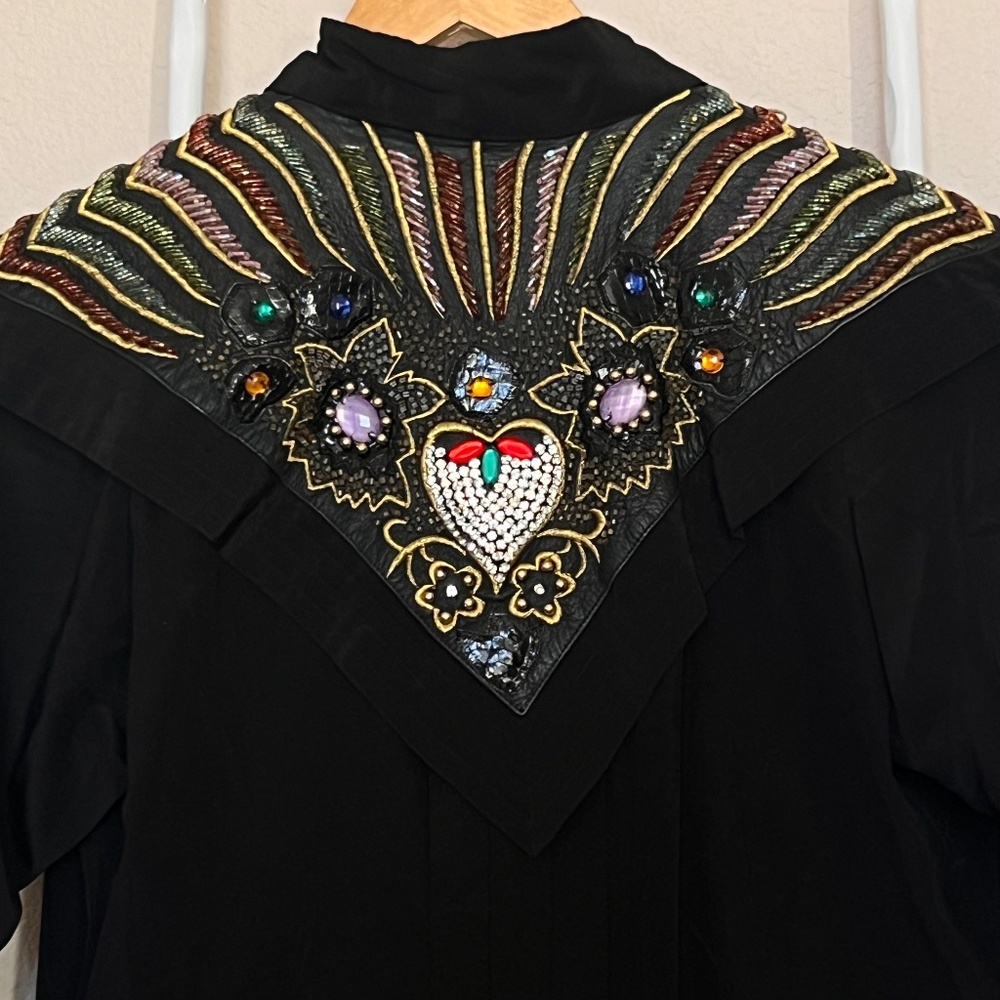 Vintage 80s Lawrence Kazar Silk Beaded Blouse Leather Yoke Rhinestone Heart Size